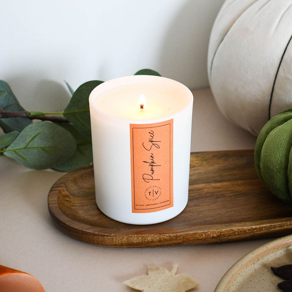 Eco-friendly soy candle in matte white jar with luxury black box Pumpkin Spice scent