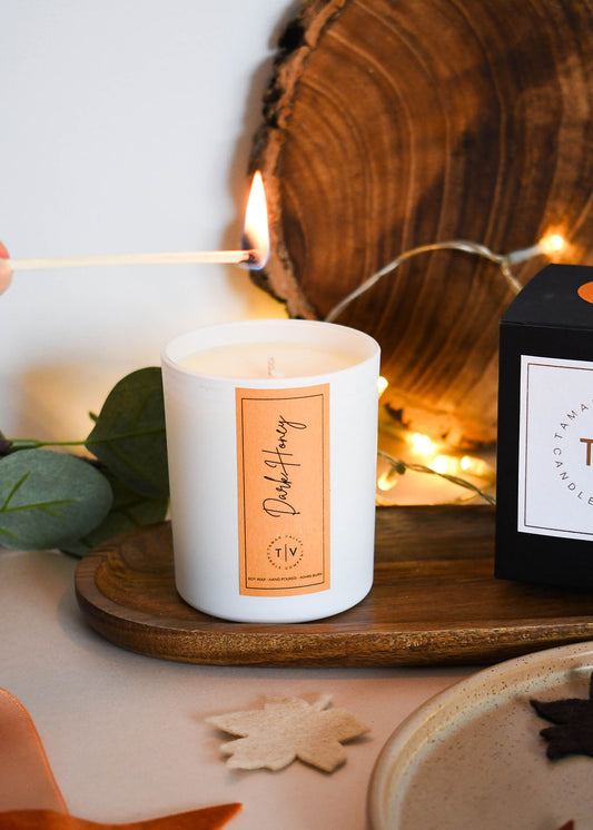 Dark Honey candle hand-poured in Cornwall with golden honey and tobacco fragrance