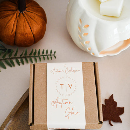 Autumn Glow wax melts hand-poured in Cornwall with warm woods and cashmere scent