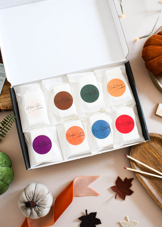 Autumn Scent Sample Box with 2-cube wax melt samples of 8 autumn fragrances