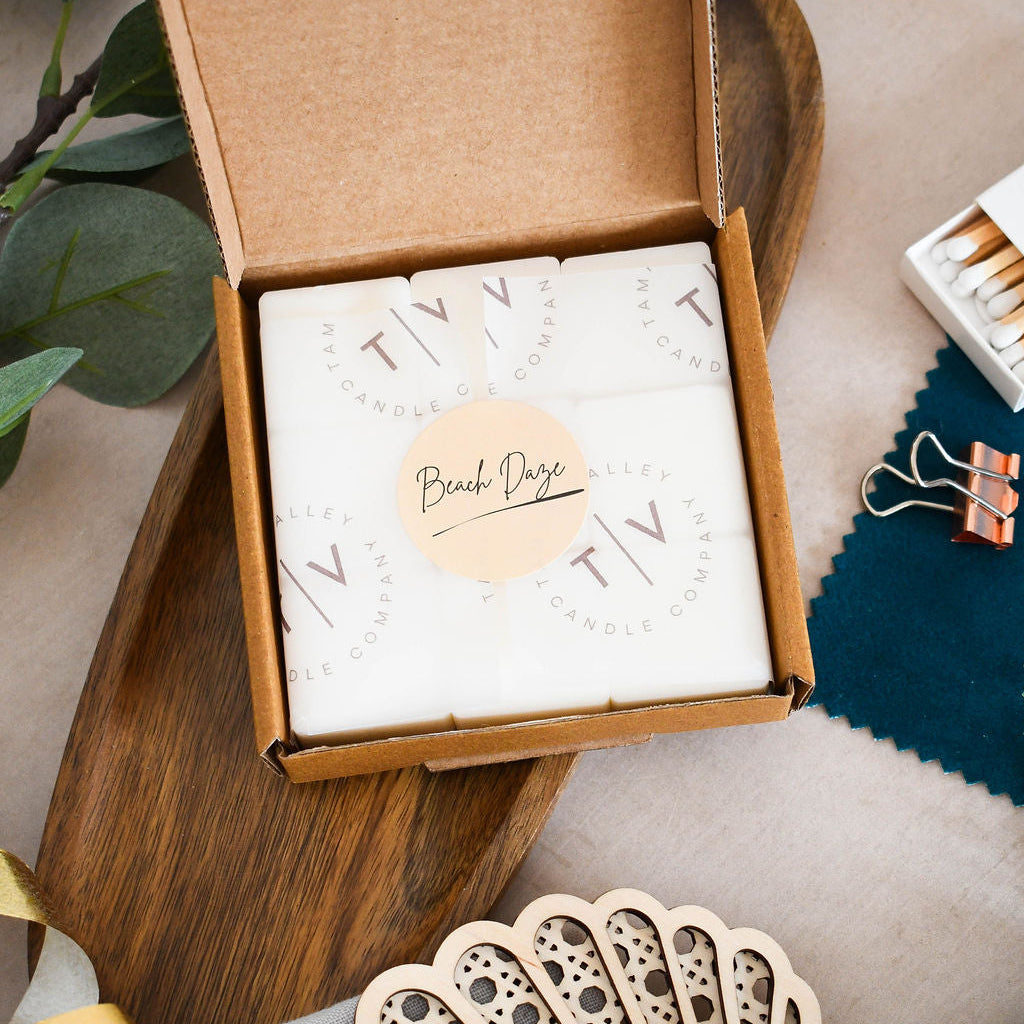 Beach Daze wax melts, label facing -long-lasting, room-filling fragrance
