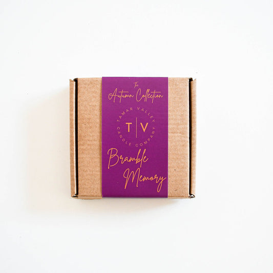 Eco-friendly soy wax melts in recyclable kraft packaging. Bramble Memory scent