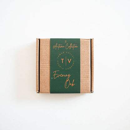 Eco-friendly soy wax melts in recyclable kraft packaging. Evening Oak scent