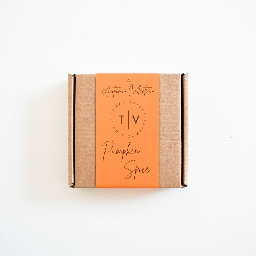 Eco-friendly soy wax melts in recyclable kraft packaging. Pumpkin Spice scent