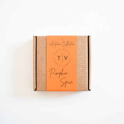 Eco-friendly soy wax melts in recyclable kraft packaging. Pumpkin Spice scent