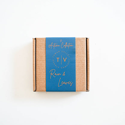 “Eco-friendly soy wax melts in recyclable kraft packaging. Rain and Leaves scent